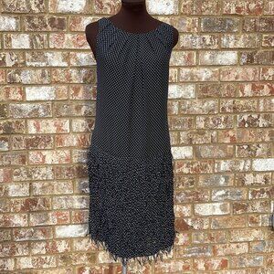 W By Worth Sleeveless Polka Dot White & Black Fringe Hem Dress Size 12